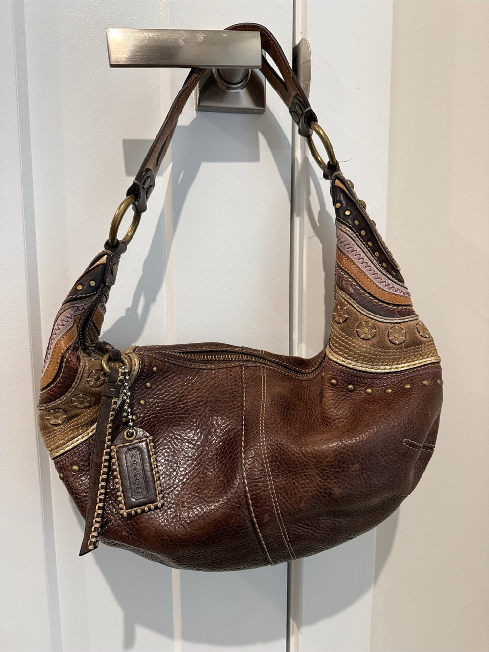 Coach Brown Leather Shoulder Bag with Tan & Gold Accents